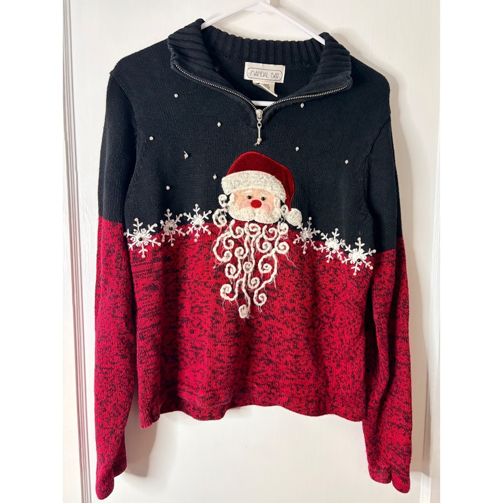 Mandal Bay Women's Holiday Santa Sweater‎ Black Red 1/4 Zip Size Small Festive